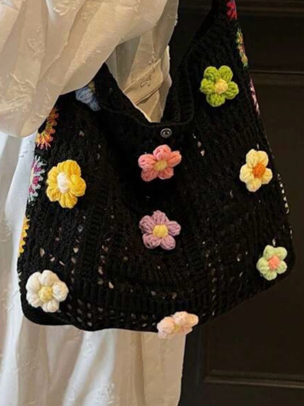 Black Crochet Floral Tote Bag with Multicolor Accents - Picture 2 of 5